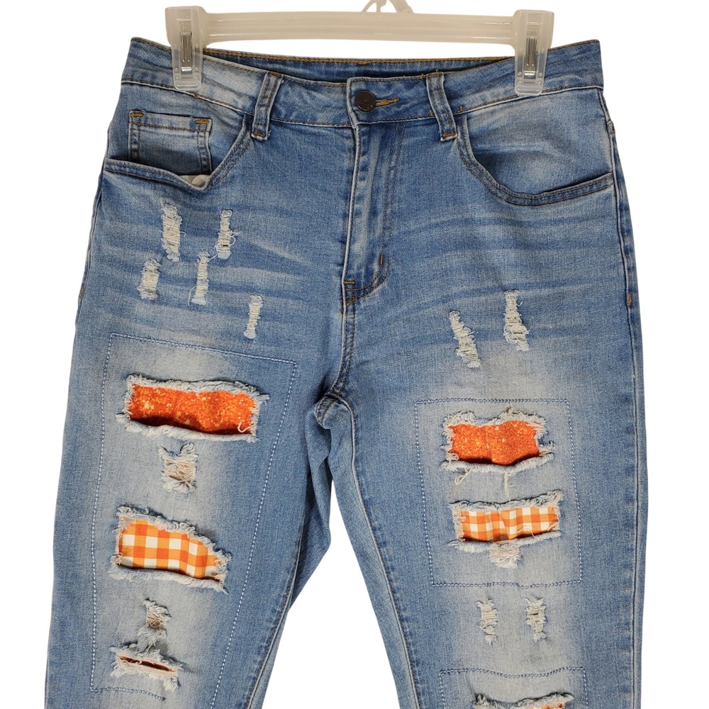 Orange Patch Distressed Straight Leg Jeans Gingham Glitter Medium Wash Denim